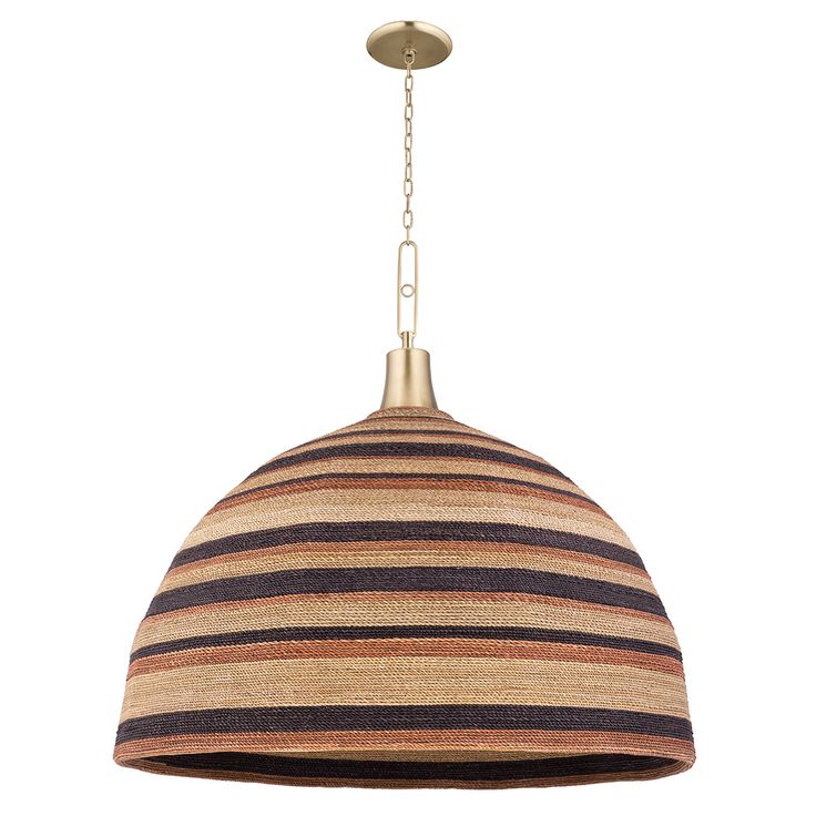 a light hanging from a ceiling fixture with a striped fabric covering on the top and bottom