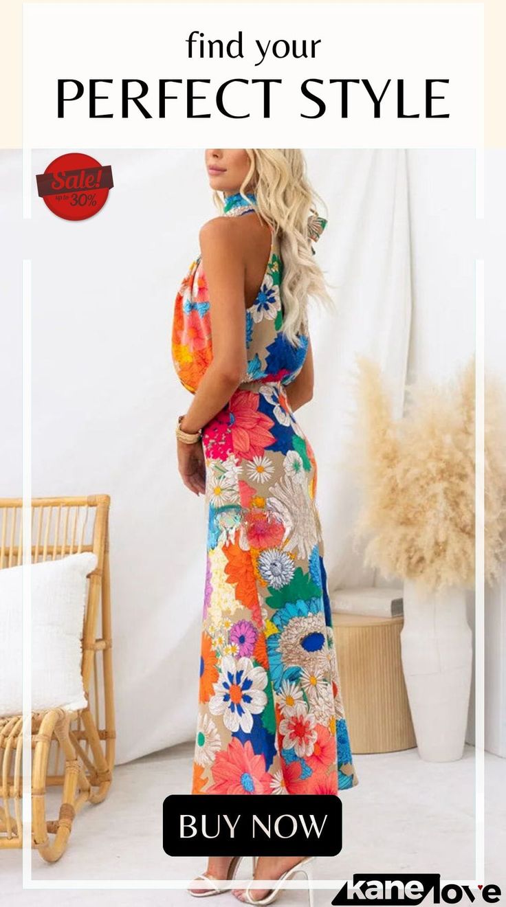 Land Of Beauty Floral Print Halter Neck Elastic Waist Party Maxi Dress Chic Multicolor Maxi Dress For Summer Parties, Printed Maxi Dress For Spring Holiday, Spring Holiday Printed Maxi Dress, Colorful Floral Print Dresses For Beach Season, Vibrant Summer Maxi Dress For Parties, Sleeveless Multicolor Print Party Dress, Summer Party Vibrant Maxi Dress, Vibrant Summer Party Maxi Dress, Casual Maxi Dress With Vibrant Print For Parties