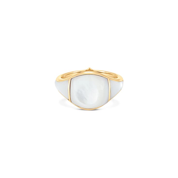 SW’s Mother of Pearl and yellow gold ring is a truly unique piece of jewelry, shaped like a classic, curved signet ring, with the Mother of Pearl inlay adding a delicate and elegant sheen. The soft, 18k yellow gold adds a warm, rich contrast to the cool iridescence of the pearl, creating a beautiful and harmonious blend of colors. Despite its modern, high-quality materials, this ring has an antique feel to it, evoking a sense of history and timelessness. Fine Jewelry Signet Ring With Smooth Bezel, Classic Gold Pearl Ring With Polished Finish, Classic Gold Open Enamel Ring, Luxury Pearl Open Ring With Polished Finish, Luxury Open Pearl Ring With Polished Finish, Elegant Yellow Gold Enamel Ring With Polished Finish, Classic White Dome Ring For Wedding, Elegant White Signet Ring For Formal Occasions, Modern White 14k Gold Ring