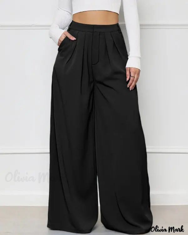 Olivia Mark – Pantalones de pierna ancha con bolsillo Womens Beach Pants, Color Wide Leg Pants, White Slacks, Night Club Outfits, Black Wide Leg Pants, Zipper Pants, Casual Wide Leg Pants, High Waist Fashion, Plus Size Pants