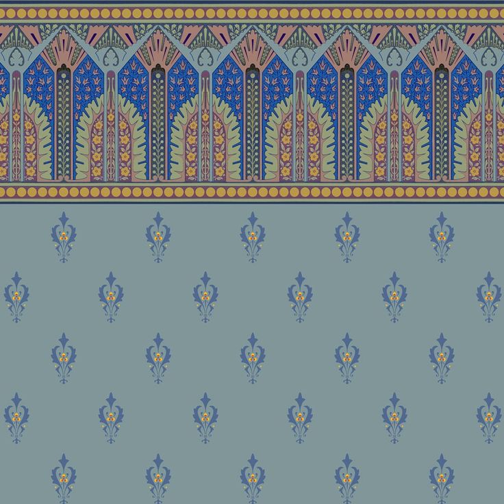 a blue and yellow wallpaper with an ornate design on it's side panel