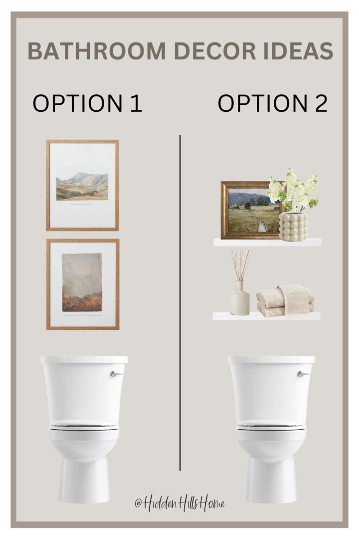 Bathroom decor ideas for above the toilet! Bathroom White Shelves Over Toilet, Wall Art Over Toilet, Art For Above Toilet, Powder Room Over Toilet Ideas, Bracket Shelves Above Toilet, Half Bath Above Toilet Decor, Top Flush Toilet Decor, Bathroom Photo Decor, Wall Above Toilet Ideas