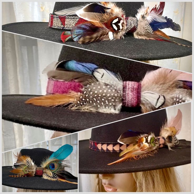 PICS SHOWN ARE EXAMPLES OF ONES COMPLETED FOR CLIENTS, PLEASE ASK ALL QUESTIONS UP FRONT IF ANY... Welcome to Rodeochics..custom handmade Feathered Hatbands made with Genuine Pendleton(R) Fabric or Genuine Italian Wool Fabrics. Accented with Gorgeous feathers. Each is hand-sewn, picked for it's beautiful colors and variations. They are then sewn with a Hook and loop closing.  I request the length for a perfect 60 patterns to choose from. In some cases...the same fabric will be used, but a differ Adjustable Fedora Costume Hats For Fall, Adjustable Flat Brim Mini Hat For Fall, Adjustable Western Hat For Music Festival, Vintage Adjustable Mini Hats For Festivals, Adjustable Vintage Mini Hats For Festivals, Adjustable Multicolor Hat For Western-themed Events, Adjustable Hat Bands For Fall Festival, Western Costume Hats For Winter Festival, Bohemian Brimmed Hat For Music Festival