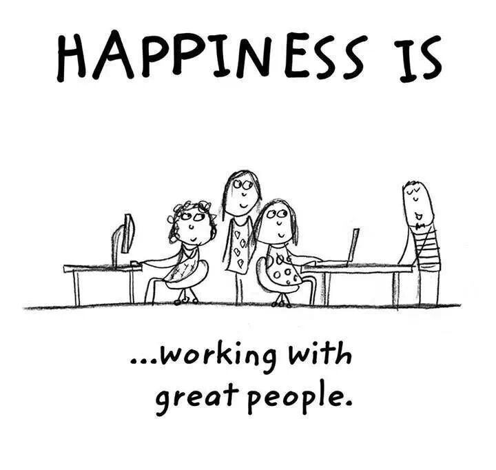 a cartoon drawing of three people sitting at a table with the words happiness is working with great people