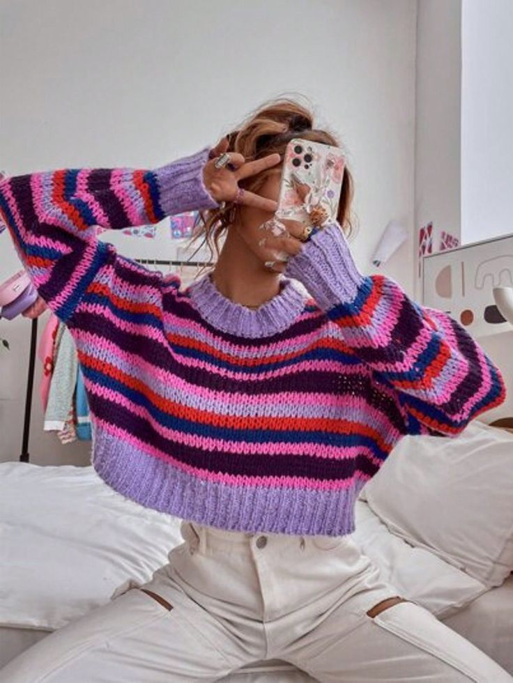 Women's Casual Colorblock Striped Cropped Sweater, Spring Autumn Multicolor Casual  Wrist-Length Sleeve Polyester Colorblock,Striped Pullovers Medium Stretch  Women Clothing, size features are:Bust: ,Length: ,Sleeve Length: Pull Mohair, Crop Pullover, Pullover Outfit, Drop Shoulder Sweaters, Women Sweater, Mohair Sweater, Looks Style, Sweater Pattern, Looks Vintage