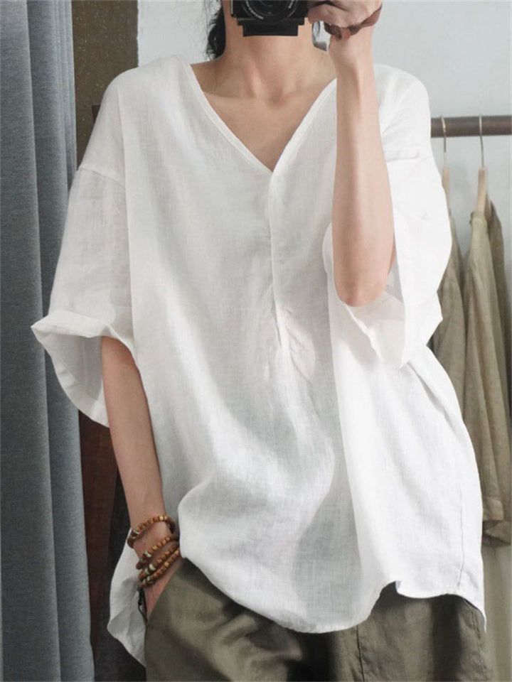 Description Product ID: TP2051855 Material: Cotton, Linen, Polyester Pattern: Solid Closure: Pullover Sleeve: Short Sleeve Season: Summer Style: Fashion, Casual, Simple Occasion: Picnic, Holiday, Daily Package included 1 * Shirt Size Chart (Asian Size) Please allow 1-3 cm measured error. Size Length Chest Sleeve Length M 69cm | 27.2 in 112cm | 44.1 in 19cm | 7.5 in L 70cm | 27.6 in 116cm | 45.7 in 20cm | 7.9 in XL 71cm | 28.0 in 120cm | 47.2 in 21cm | 8.3 in XXL 72cm | 28.3 in 124cm | 48.8 in 22 Oversized V-neck Shirt For Summer, Casual Plain Tops For Beach, Solid Color V-neck Shirt For Beach, Casual V-neck Plain Blouse, V-neck Relaxed Fit Plain Blouse, Relaxed Fit V-neck Plain Blouse, Plain V-neck Relaxed Fit Blouse, Relaxed Fit V-neck Blouse, Casual Tunic Blouse