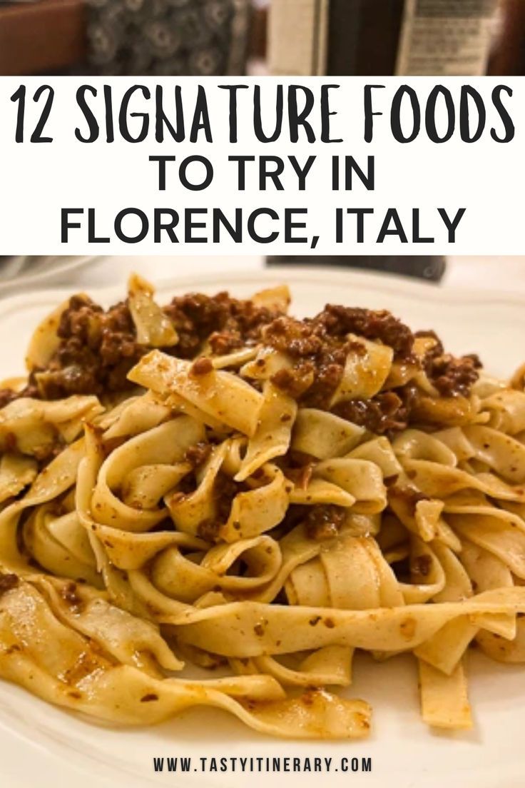 pasta with sauce and ground meat on a plate in front of a book title reads 12 signature foods to try in florence, italy