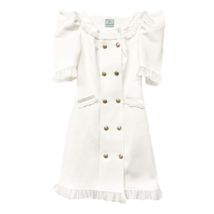 Petite Maison Kids. White tuxedo style blazer dress with gold hardware buttons. Statement pointed shoulders. Faux pockets. Organza ruffles on skirt and arms. Cotton lining. Matching daughter version available! Classic Blazer Dress With Gold Buttons For Formal Occasions, Classic Formal Blazer Dress With Gold Buttons, Fitted Blazer Dress With Gold Buttons For Formal Events, Fitted Blazer Dress With Gold Buttons For Formal Occasions, Elegant Blazer Dress With Gold Buttons For Office, Elegant Formal Blazer Dress With Gold Buttons, Elegant Blazer Dress With Gold Buttons For Work, Elegant Office Blazer Dress With Gold Buttons, Elegant Double-breasted Blazer Dress With Gold Buttons