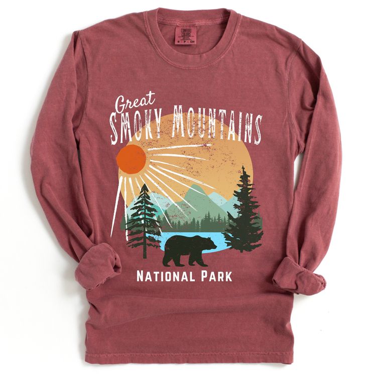 Great Smoky Mountains Tennesee Hiking Tee Shirt, National Park Tshirt Gift Design has been distressed slightly for a faded look. The Comfort Colors 6014 100% Ring Spun Cotton Long Sleeve T-Shirt is very appropriately-named. All colors are inspired by nature and have a perfect lived-in, weathered look. Shirts are sent through a unique dyeing process that makes them incredibly soft and long-lasting. Each piece is soft-washed 50 times before making its way to you! Stitched at the collar, armhole, s Long Sleeve T-shirt For Fall Adventure, Fall Hiking T-shirt With Graphic Print, Acid Wash Long Sleeve T-shirt With Letter Print, Cotton T-shirt For Outdoor Activities In Fall, Cotton T-shirt For Outdoor Fall Activities, Fall Graphic Print T-shirt For Outdoor Activities, Graphic Print T-shirt For Outdoor Activities In Fall, Long Sleeve Graphic T-shirt For Hiking, Fall Adventure Top With Graphic Print