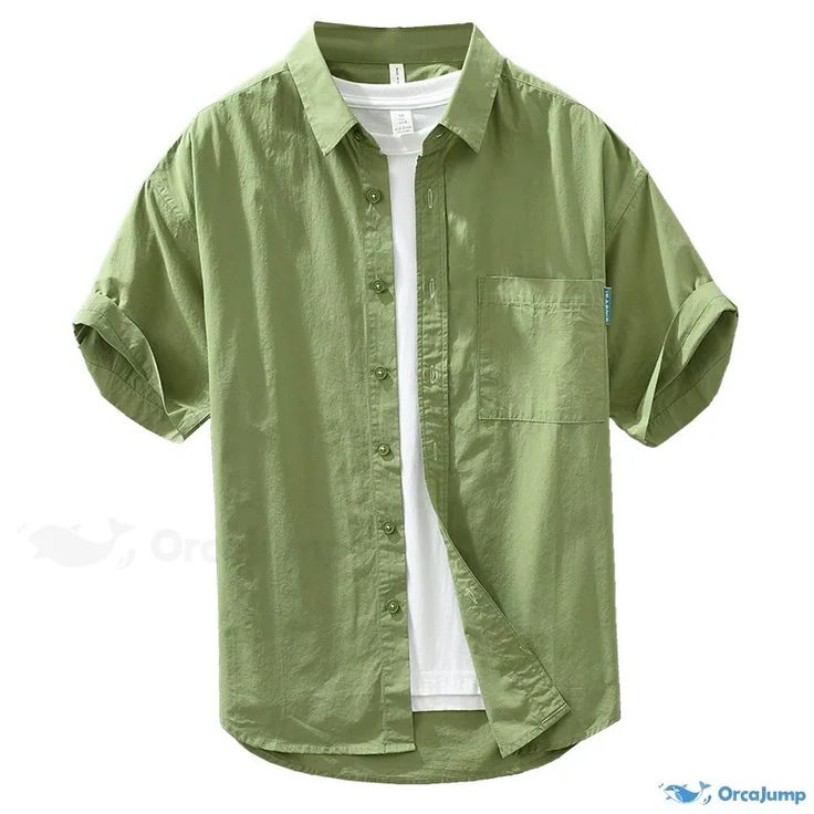 OrcaJump - Classic and Fashionable Short-Sleeve Cotton Shirt in Solid Color for Casual and Stylish Looks Khaki Cotton Camp Shirt For Summer, Khaki Cotton Short Sleeve Shirt, Green Cotton Shirt With Pockets, Casual Khaki Cotton Shirt, Long Sleeve Camp Shirt For Summer, Khaki Short Sleeve Camp Shirt For Spring, Solid Color Cotton Shirt For Summer, Casual Green Solid Color Shirt, Casual Solid Color Green Shirt