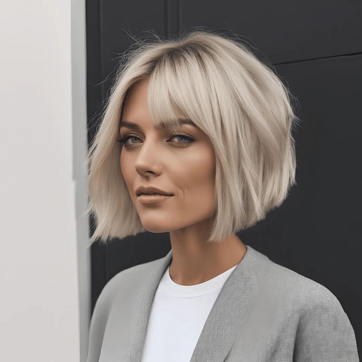 Short Bob Haircuts: Timeless Style with Modern Flair Blind Bob Hairstyles, Blond Chin Length Bob, Blonde Pixie Bob Haircut, Blonde Bob With Long Bangs, Ash Blonde Bob With Bangs, Women Short Bob Hairstyles, Short Fine Blonde Hairstyles, Platinum Short Bob, Short Bob Center Part