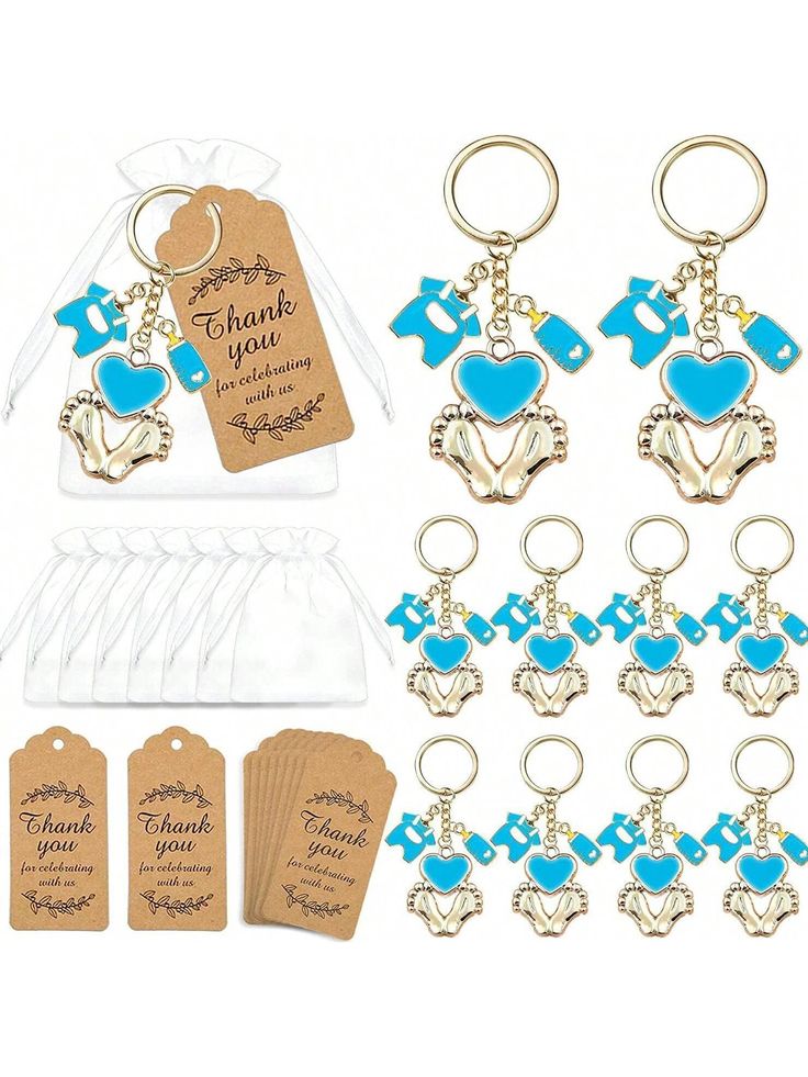 a bunch of key chains and tags with some blue hearts on them, all in plastic bags