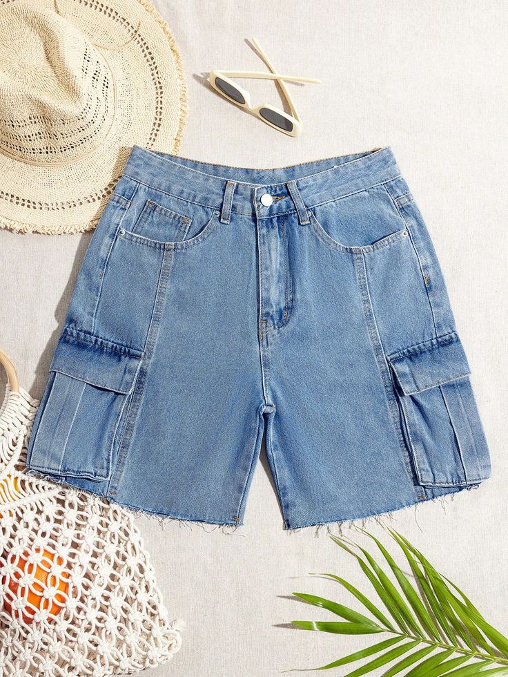 Women's Casual Cargo Pocket Denim Shorts Medium Wash Casual   Denim Plain Straight Leg Non-Stretch  Women Clothing, size features are:Bust: ,Length: ,Sleeve Length: Jamaica Trip, Casual Denim Jeans, Daily Hairstyles, Jeans Casual, Casual Cardigans, Cargo Pocket, Petite Women, Short En Jean, Inspiration Mode