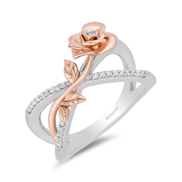 Enchanted Disney Fine Jewelry Sterling Silver and 10K Rose Gold 1/7 CT Enchanted Disney, Enchanted Disney Fine Jewelry, Disney Fine Jewelry, Rose Gold Sparkle, Cute Engagement Rings, Jewelry Style, Cross Ring, Jewelry Sterling Silver, Split Shank