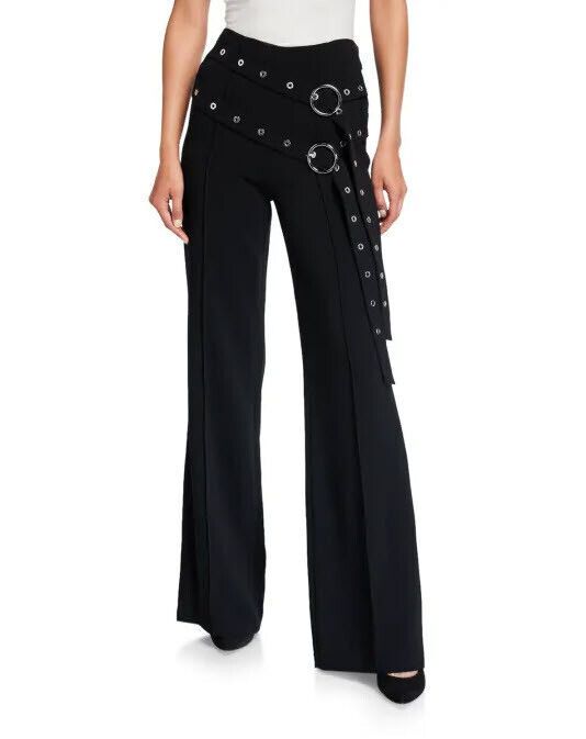 True to size.     High rise. A pair of slender belts studded with silvery grommets cinch the waist of swishy crop-flare trousers for double the tailored edge.     32.5" inseam; 22" leg opening; 12" front rise; 15" back rise     Side zip closure     Back welt pockets     69% triacetate, 31% polyester     Dry clean  FLOOR MODEL AND TRIED ON - EXCELLENT CONDITION- PLEASE REFER TO PICTURES Our items are   items offered at high-end department stores.  They are new and  most have been tried on and sto Flare Black Pants, Buckle Pants, Belt Pants, Double Belt, Tie Waist Pants, Cinq A Sept, Belted Pants, Cropped Flares, Flare Trousers