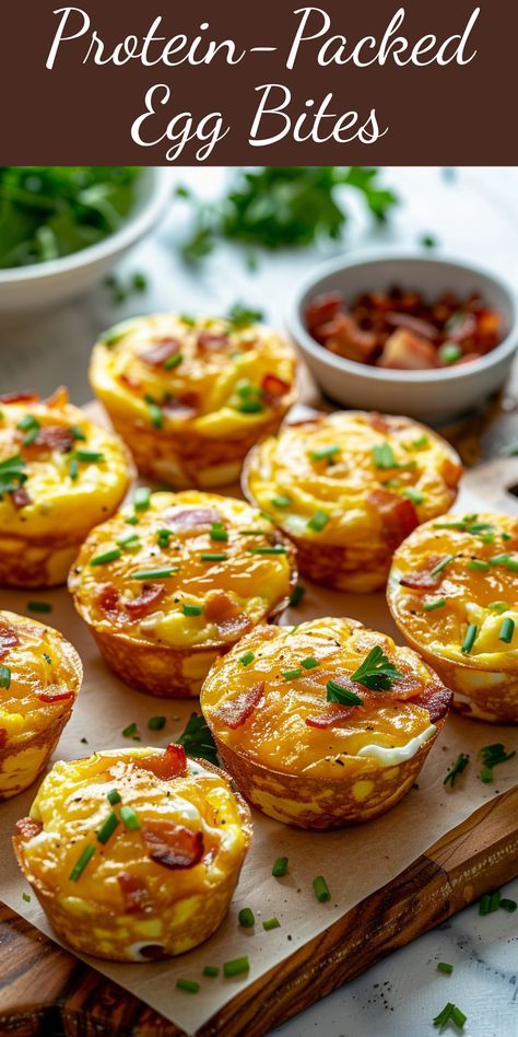 mini bacon and egg pies on a cutting board with text overlay that reads, how to make protein - packed egg bites