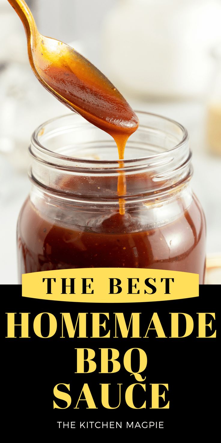 the best homemade bbq sauce in a glass jar with a spoon sticking out of it