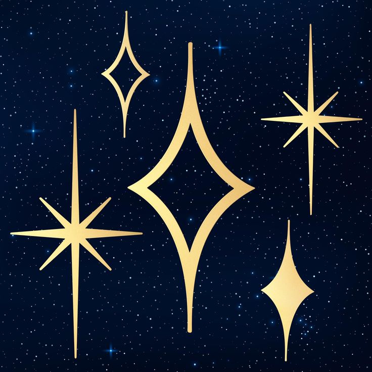 four golden stars against a dark blue background with some white stars in the sky above them