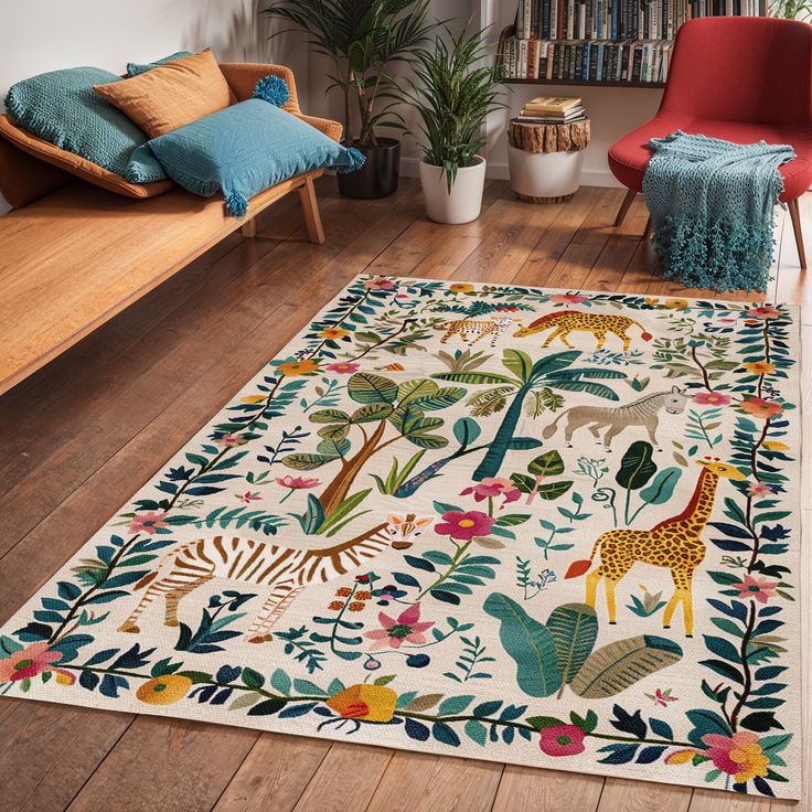 a rug with animals and plants on it in a living room next to a couch