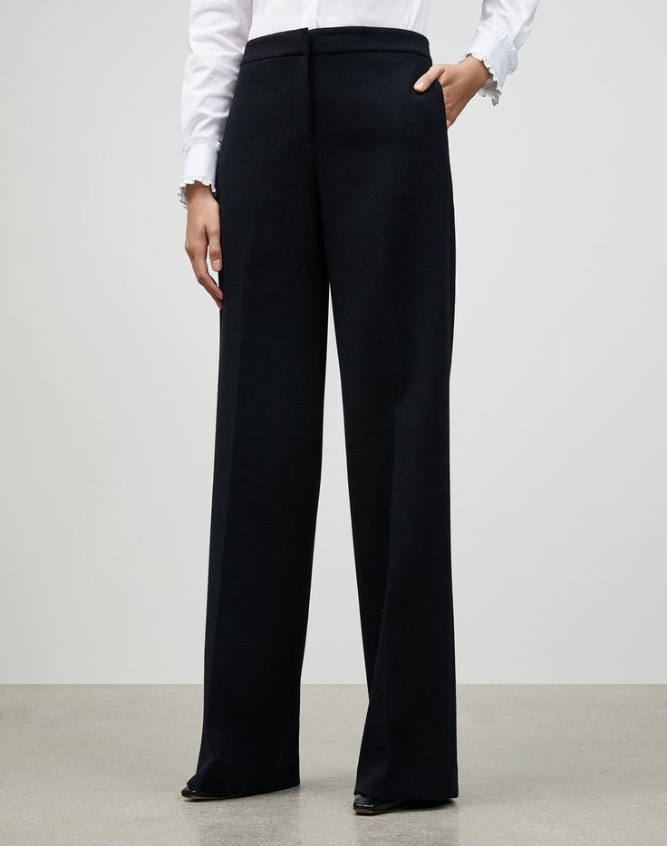 Plus-Size Nouveau Crepe Dalton Wide-Leg Pant | Lafayette 148 New York Timeless Wide-leg Dress Pants For Business Casual, Luxury Wide Leg Pants For Business Casual, Luxury Wide Leg Dress Pants For Work, Luxury Straight Leg Pantsuit For Work, Formal Wide-leg Pants With Structured Boning, Luxury Wool Dress Pants For Office, Luxury Wool Bottoms For Workwear, Timeless Wide-leg Workwear Pants, Luxury Straight-hem Bottoms For Workwear