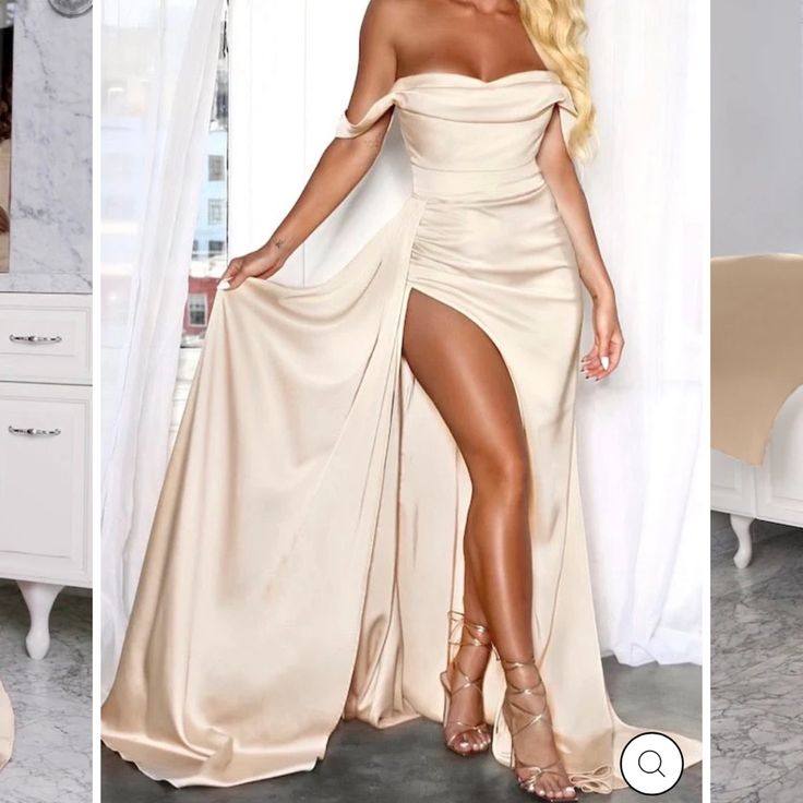 Beautiful Champagne Colored Evening Or Bridesmaid Gown. Size 14 New With Tags Pre-draped Strapless Bridesmaid Dress, Pre-draped Satin Dress For Prom Season, Pre-draped Satin Bridesmaid Dress, Pre-draped Prom Gown For Prom Season, Pre-draped Satin Bridesmaid Gown, Pre-draped Satin Gown For Prom Season, Satin Floor-length Bridesmaid Dress With Sweep Train, Glamorous Full-length Satin Evening Dress, Satin Floor-length Mother Of The Bride Dress For Gala