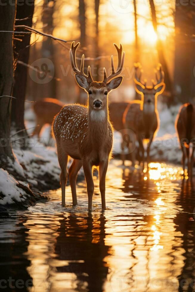 Stunning photography of a herd of deer in frozen forest. AI generative Reindeer Wallpaper, Herd Of Deer, Frozen Forest, Deer Photography, Deer Wallpaper, Deer Pictures, Wild Photography, Animals Care, Wild Forest