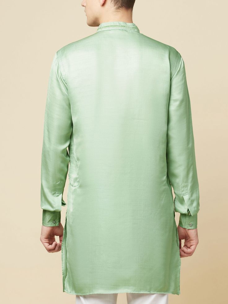 This mint green art silk kurta will instantly give an elegant look.  Made from polyester cotton fabric, this mint green kurta has an embroidered placket, and a mandarin collar. An ideal outfit for traditional & special events.

Size Chart For Men





	
	
					Men's Size Chart
		

		
		
						
				Size Chart For Men
				Custom Size Measurement Guide
			
			
				
				
				Custom Size Measurement Guide
1. Take your measurements at ease…don’t hold your breath!
2. Be a little generous with the measu Traditional Green Silk Sherwani, Pista Green Long Sleeve Silk Kurta, Traditional Green Nehru Jacket Straight Kurta Style, Traditional Green Nehru Jacket, Green Nehru Jacket With Resham Embroidery For Eid, Spring Wedding Green Bandhgala, Long Sleeve Pista Green Silk Traditional Wear, Spring Green Bandhgala With Resham Embroidery, Pista Green Straight Kurta Bandhgala For Eid