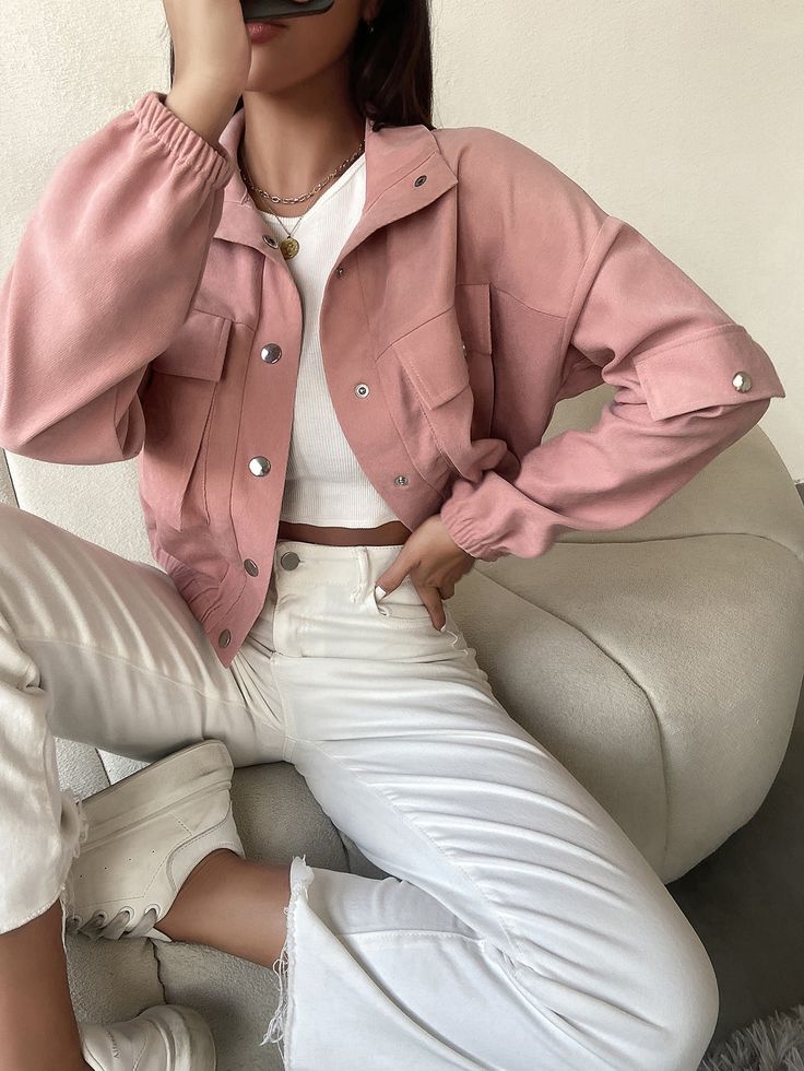 Pink Casual  Long Sleeve Polyester Plain Other  Non-Stretch Spring Women Outerwear Pink And Jeans Outfit Casual, White And Pink Jacket, Pink Outfits Aesthetic Casual, Pink Shirt Winter Outfit, Warm Pink Outfits, How To Style Pink Jacket, Pink Outfit Inspo Casual, White And Pink Outfit Classy, Muted Pink Outfit