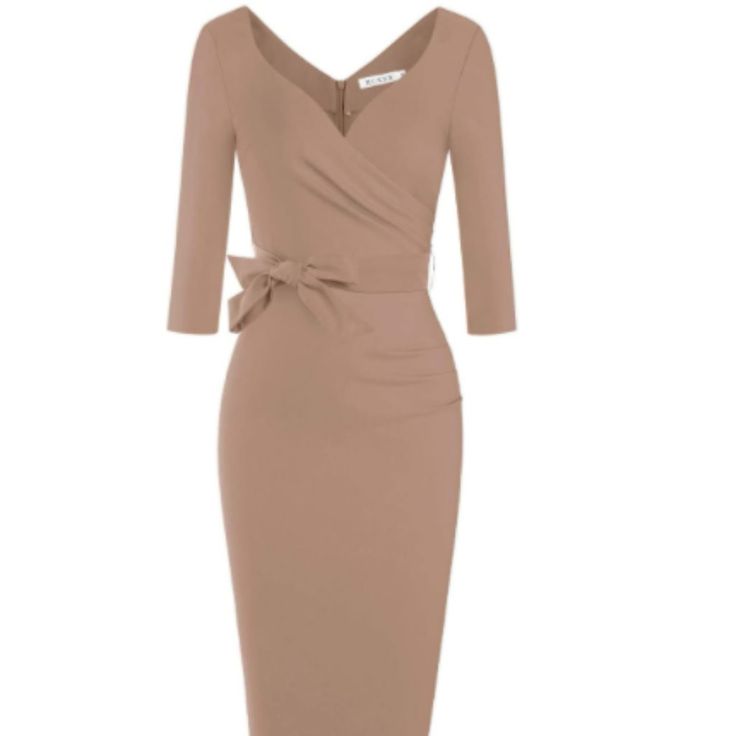 65% Rayon, 30% Cotton, 5% Spandex Imported Zipper Closure Elegant Pinup 60s Style, Sweetheart Neckline, Wrap Ruched Belt Waist Below The Knee Dress Ultra Form-Fitting,Extremely Comfortable,With A Hidden Zipper At The Back This Dress Is Absolutely Amazing And It Fits Your Curves Perfectly Great For Formal,Wedding Bridesmaid,Evening Party And Work Event Just Ask For Available Sizes Xs S M L Xl Xxl Item No. Mp549 Elegant Brown Bodycon Dress, Chic Fitted Brown Midi Dress, Chic Brown Fitted Midi Dress, Brown V-neck Midi Dress For Cocktail, Vintage Beige V-neck Midi Dress, Fitted Beige Midi Dress For Office, Chic Fitted Brown Dress, Beige V-neck Office Dresses, Brown V-neck Cocktail Dress