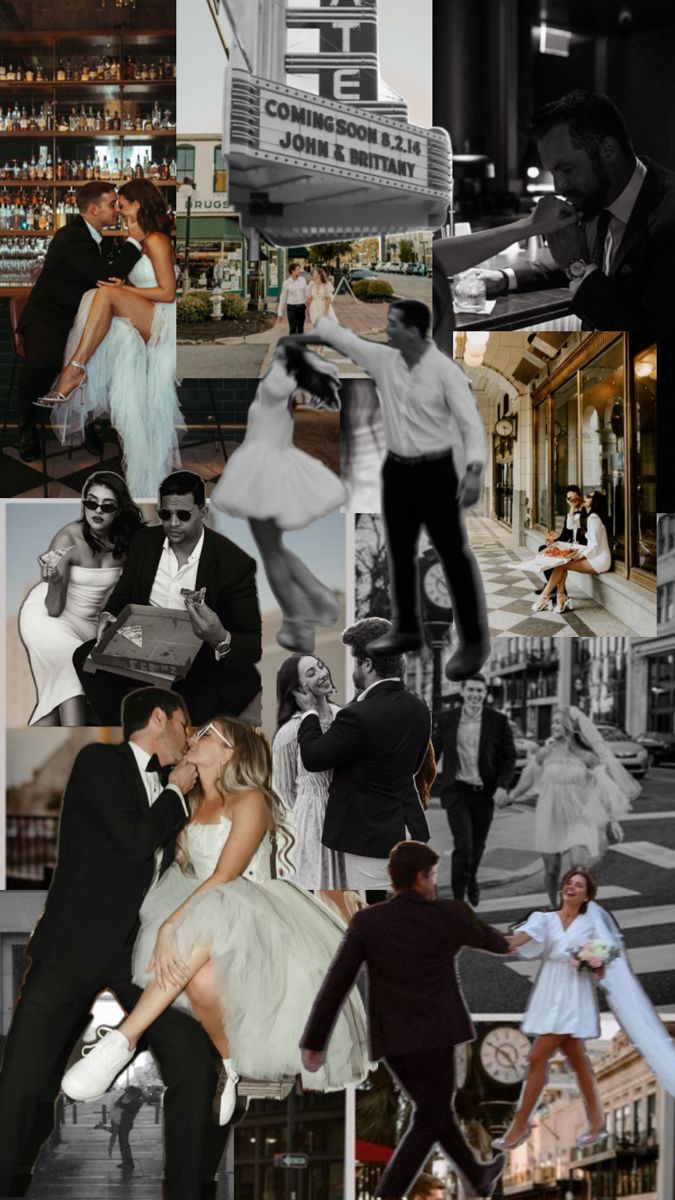 collage of black and white images with people dressed in formal wear, dancing on the dancefloor