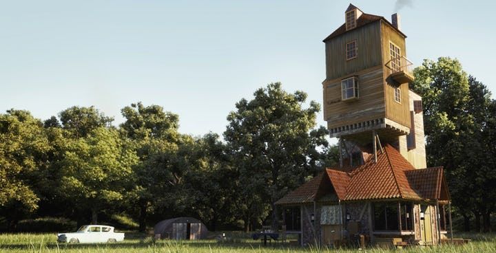 an old house with a tower in the middle of a field