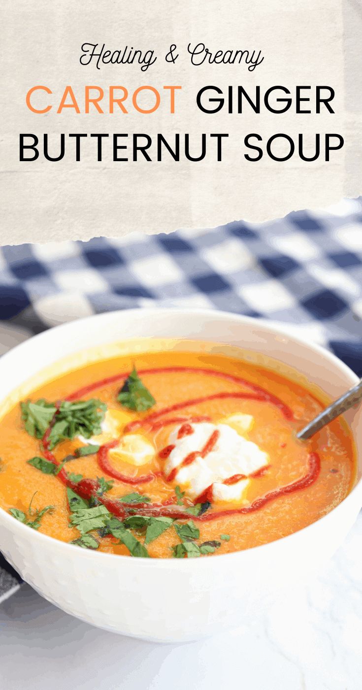 carrot ginger butternut soup in a white bowl