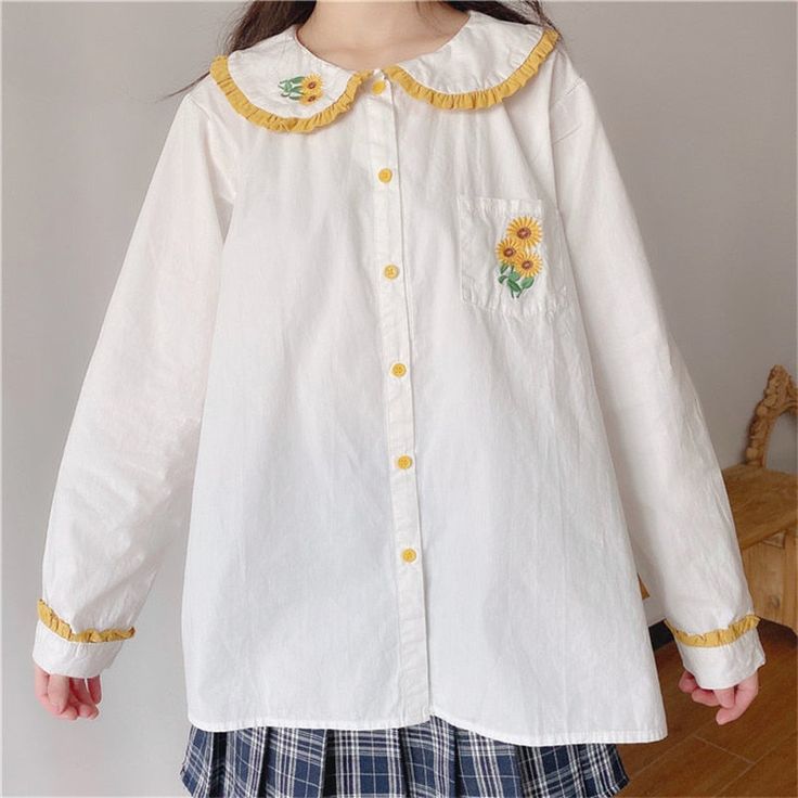 Sunflower Embroidered Mori Kawaii Girl Long Sleeve Lolita Shirt with Peter pan Collar One Size Shoulders: 37cm Bust: 98cm Length: 58cm Sleeve: 56cm Material: Polyester Casual Blouse With Floral Embroidery And Peter Pan Collar, Casual Embroidered Blouse With Peter Pan Collar, Cute Long Sleeve Blouse For School, Cotton Blouse With Floral Embroidery And Doll Collar, Cute Collared White Blouse, Kawaii Long Sleeve Blouse, Cute White Collared Blouse, Harajuku Style Cotton Top For School, Casual Cotton Blouse With Cute Collar