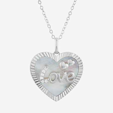 Features: Inspirational, Quick ShipJewelry Closure: Spring Ring ClaspSetting: InlayShape: HeartStone Cut: HeartStone Millimeter Measurement: 15.3 Mm Width, 17.3 Mm LengthMetal Color: WhiteChain Length: 18 InchChain Gauge: 025Pendant Length: 20.3mmPendant Width: 21.2mmChain Construction: CableCare: Wipe CleanStone Type: 1 Genuine Mother of Pearl, 6 Cubic ZirconiaMetal: Sterling SilverNecklace Type: Pendant NecklacesPendant & Charms Type: PendantsCountry of Origin: Imported White Initial Pendant Jewelry For Valentine's Day, White Initial Pendant Necklace For Valentine's Day, Open Heart Charms Necklace For Wedding, Heart Beads Charm Necklace For Valentine's Anniversary, Silver Round Necklace With Heart Beads, Valentine's Day White Initial Pendant Necklaces, Wedding Open Heart Charms Necklace, Heart-shaped Charm Necklace For Wedding, White Charms Necklaces For Valentine's Day