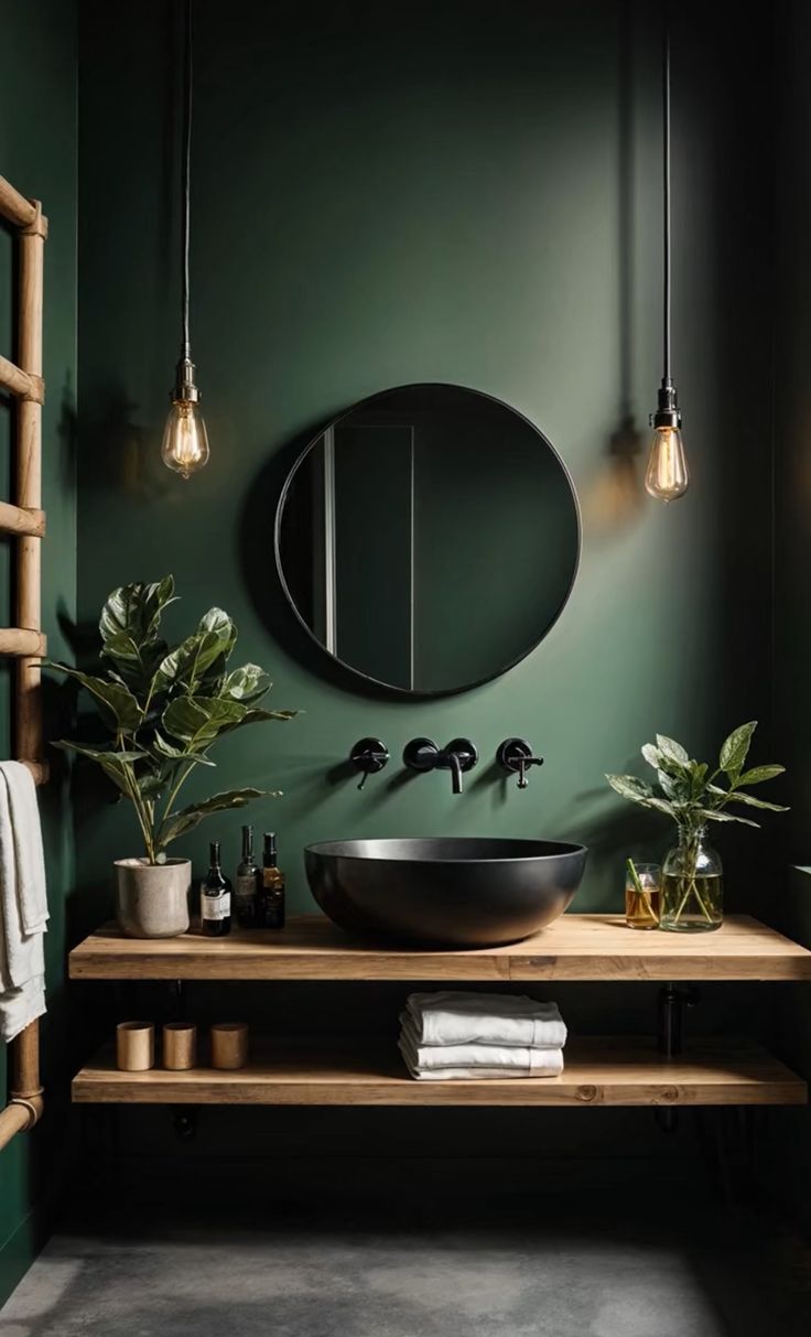 a bathroom with dark green walls and wooden shelves, round mirror above the sink, potted plants in front of it