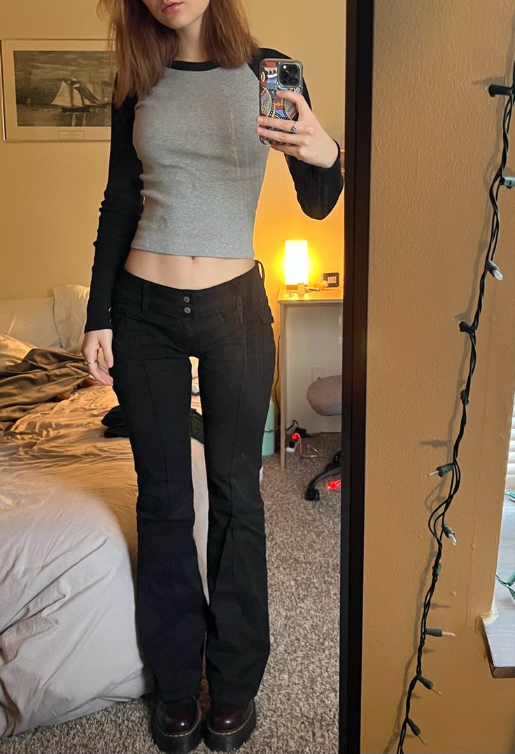 black agatha pants & bella top from brandy melville <3 Fitted Longsleeves Outfit, Summer Longsleeves Outfit, Flared Cargo Pants Outfit, Cute Longsleeves Outfit, Brandy Cargo Pants, Priscilla Pants Brandy Melville Outfit, Brandy Cargo Pants Outfit, Agatha Pants Brandy Melville, Dark Coquette Outfits Pants