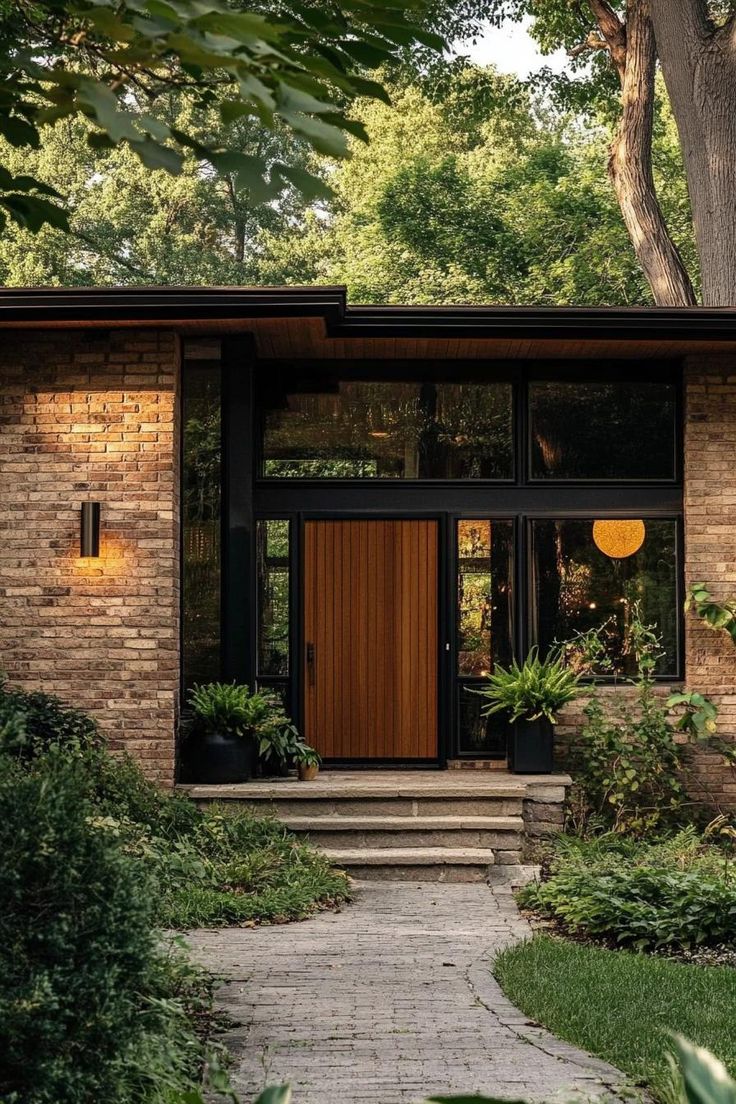 a brick house with wooden doors and steps leading up to the front door is surrounded by greenery