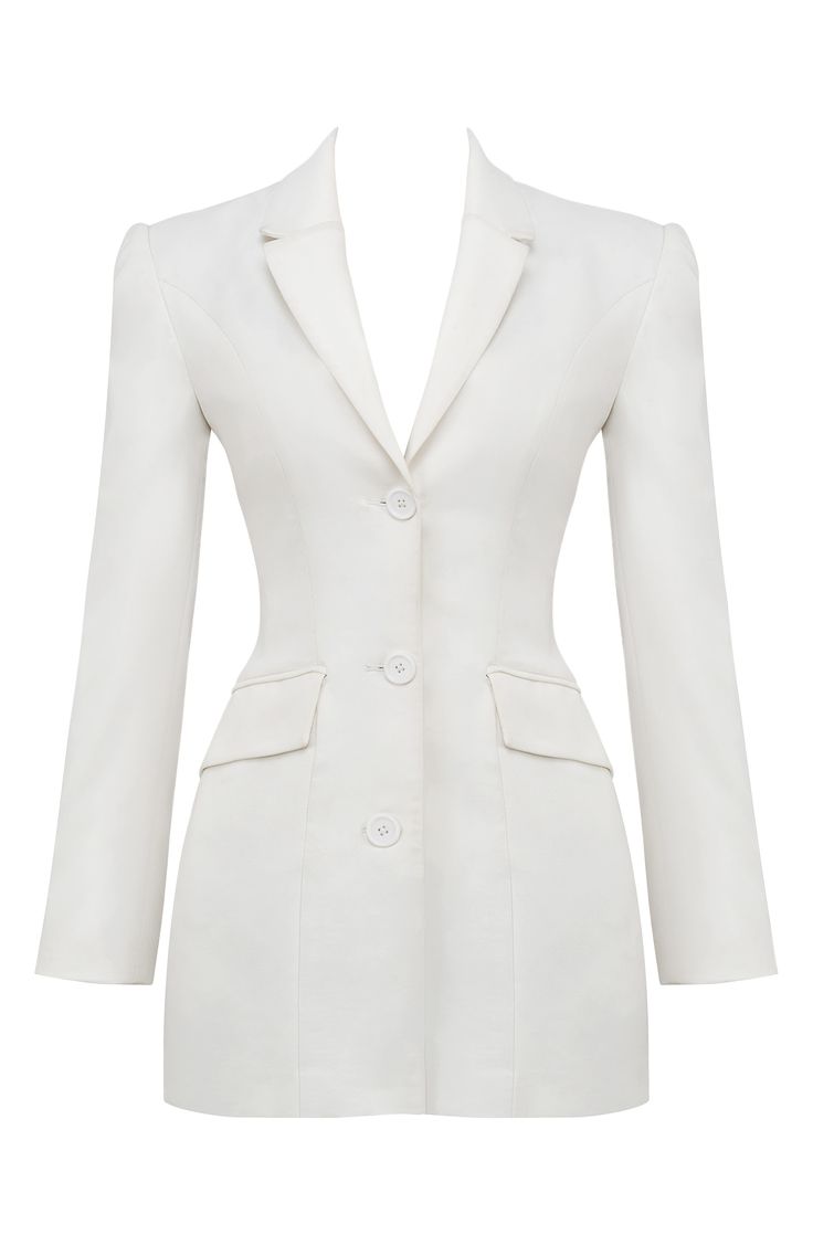 Seductively mix business with pleasure in this mini blazer-dress tailored in a sculpted silhouette with sharp, structured shoulders, a plunging neck and a nipped-in waist. Exclusive retailer Front button closure Notched lapels; plunge neck Long sleeves with padded shoulders and three-button cuffs Front flap pockets Lined 80% polyester, 17% viscose, 3% spandex Dry clean Imported Structured Boning Blazer Dress For Office, Fitted V-neck Blazer With Hidden Buttons, Fitted V-neck Blazer With Hidden Button Closure, Spring Office Blazer With Structured Boning, Party Blazer With Structured Shoulders And Notch Lapel, Chic Tailored Blazer Dress With Structured Boning, Semi-formal Spring Blazer With Structured Boning, Fitted Blazer With Structured Boning For Spring, Fitted Structured Blazer Dress For Evening