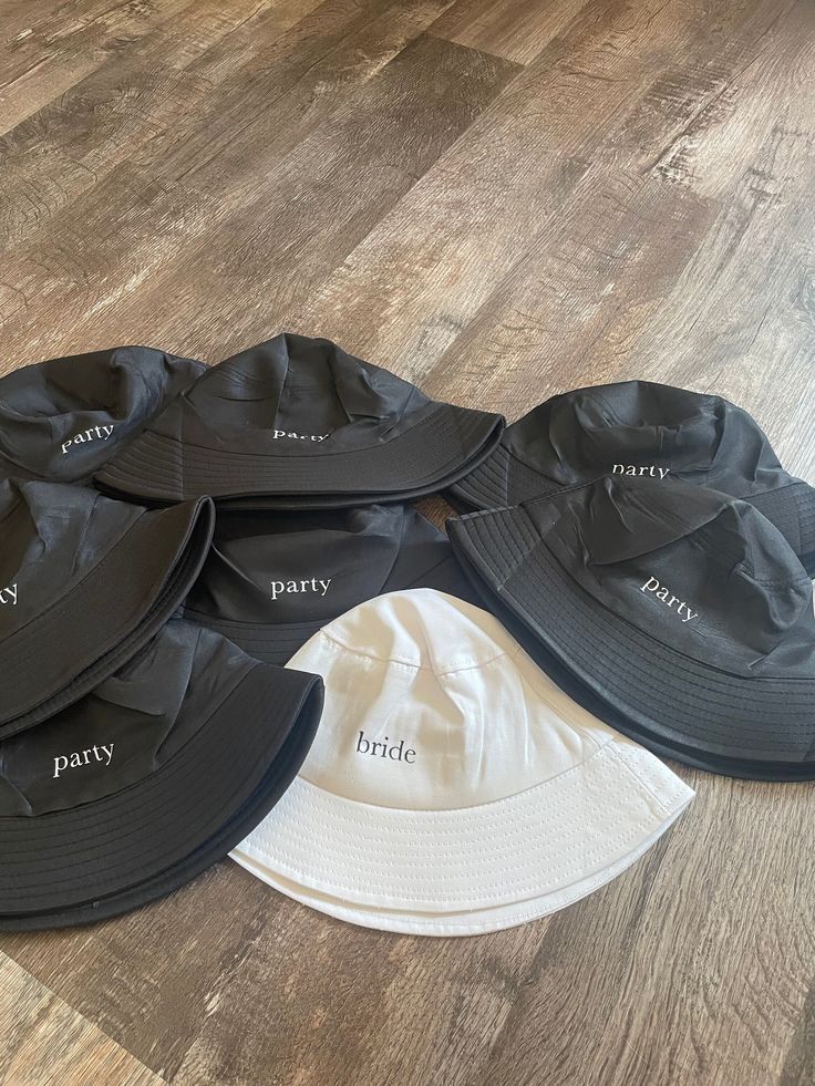 These Bride & Party bucket hats are perfect for a bachelorette party! Trendy Bucket Hat For Party, Wide Brim Bucket Hat For Summer Parties, Summer Party Wide Brim Bucket Hat, Bach Party Hats, Summer Party Bucket Hat With Short Brim, Bucket Hat Bachelorette, Trendy Party Bucket Hat, Adjustable Bucket Hat For Party, Spring Party Bucket Hat