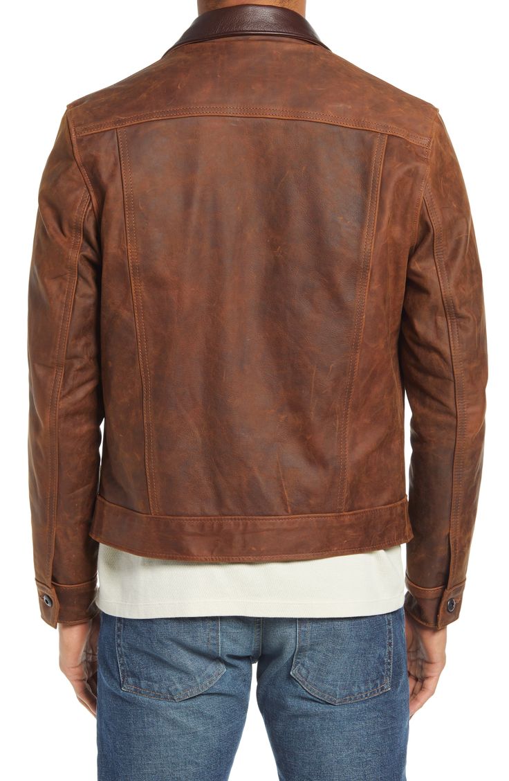 A contrast goatskin collar tops a classic, American-made jacket crafted from hearty cowhide leather that's been slightly burnished for a handsome look. 25" length Front button closure Spread collar Chest zip pocket; front welt pockets Lined Leather Made in the USA of imported fabric Men's Clothing Classic Distressed Brown Leather Biker Jacket, Distressed Brown Fitted Leather Biker Jacket, Fitted Distressed Brown Leather Biker Jacket, Rugged Brown Leather Jacket With Leather Lining, Rugged Brown Leather Jacket With Padded Collar, Rugged Leather Biker Jacket For Workwear, Leather Jacket With Padded Collar For Fall, Rugged Distressed Brown Leather Biker Jacket, Rugged Brown Biker Jacket For Work