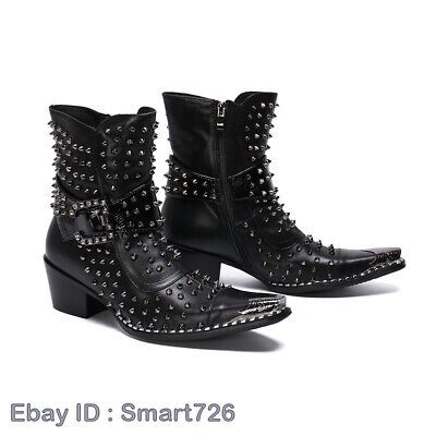 Men Fashion Punk Rivet Buckle Strap Pointy Toe Ankle Boot Youth Leather Shoes | eBay Fall Martin Boots For Concerts, Edgy Martin Boots With Round Toe For Party, Edgy Party Martin Boots With Round Toe, Punk Style High Heel Martin Boots In Faux Leather, Winter Martin Boots With Round Toe For Concerts, Punk Style Winter Party Boots, Punk Winter Party Boots, Punk High Ankle Martin Boots For Concert, Punk High Heel Martin Boots For Winter