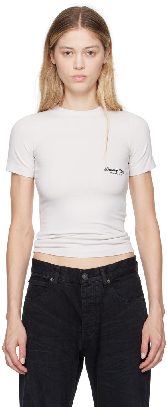 Stretch cotton jersey T-shirt. · Rib knit crewneck · Text and logo embroidered at chest Supplier color: Off white/Black Knit Crewneck, Jersey T Shirt, Logo Embroidered, Beverly Hills, Stretch Cotton, Apparel Accessories, Rib Knit, Balenciaga, White Black