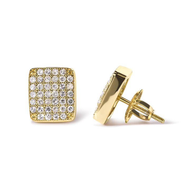 Indulge in the ultimate luxury with these 14K Yellow Gold Diamond Square Shaped Composite Cluster Stud Earrings. Crafted with natural diamonds, these earrings boast 76 round diamonds with a total weight of 0.50 cttw. The diamonds are set in a prong setting, showcasing their I-J color and I1-I2 clarity. The diamond square stud design is elegant and timeless, perfect for women who want to add a touch of sophistication to their wardrobe. These earrings feature screw-on findings, ensuring a secure f Luxury Yellow Gold Cubic Zirconia Diamond Earrings, Luxury Diamond Earrings With Pave Setting For Everyday, Luxury Gold Cluster Earrings With Diamond Accents, Luxury Diamond White Earrings With Pave Setting, Luxury Earrings With Single Cut Diamonds And Cubic Zirconia, Luxury Cubic Zirconia Earrings With Single Cut Diamonds, Gold Cluster Earrings With Pave Set Diamonds, Gold Cluster Earrings With Pave Setting, Gold Diamond Cluster Earrings With Pave Setting