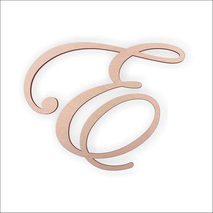 a wooden cutout of the letter e with an oval shape and curved tail, on a white background