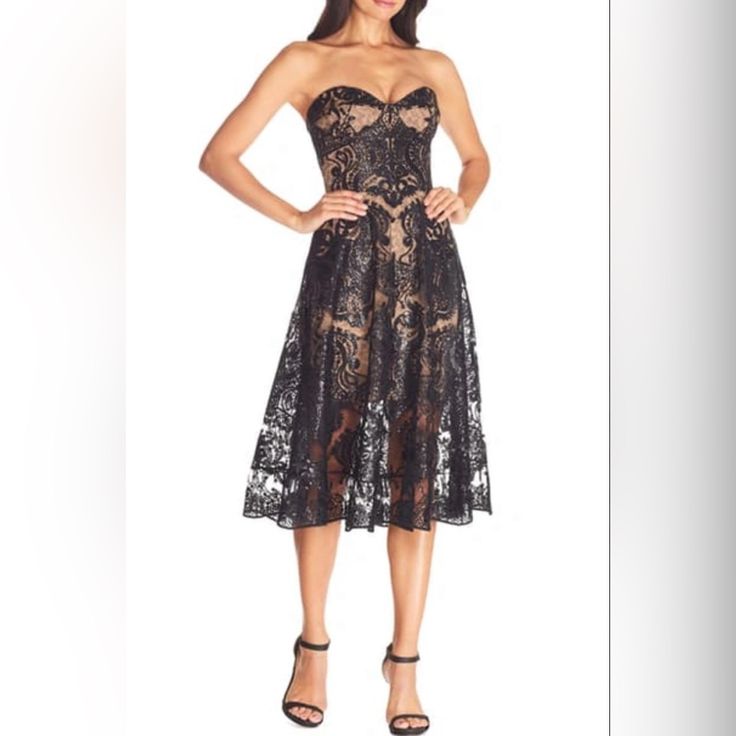 Gorgeous Nwt Black/Nude Lace And Sequin Mesmerizing A-Line Dress That Elegantly Shows Off The Shoulders. Style Dr273-K156 Strapless Partially Lined 100% Nylon Hand Wash, Dry Flat Imported Item #10081497 Black Midi Length Corset Dress For Evening, Black Midi Dress With Sweetheart Neckline For Date Night, Black Lace Dress With Sweetheart Neckline For Night Out, Sleeveless Black Lace Dress For Evening, Lace Midi Dress With Sweetheart Neckline For Night Out, Chic Black Lace Dress With Sweetheart Neckline, Black Lace Corset Dress For Date Night, Black Strapless Dress With Sweetheart Neckline For Spring, Black Sleeveless Lace Dress For Evening