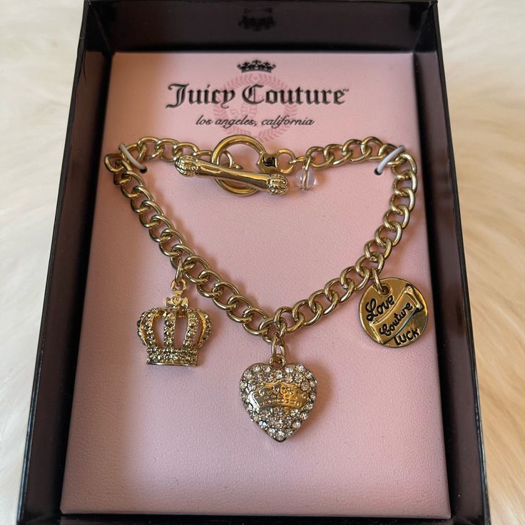 New, Juicy Couture Charm Bracelet, Never Worn Juicy Charm Bracelet, 2010 Jewelry, Juicy Bracelet, Juicy Culture, Luxury Gold Jewelry, 2000s Jewelry, James Avery Charm Bracelet, Xoxo Jewelry, Juicy Couture Charms Bracelet