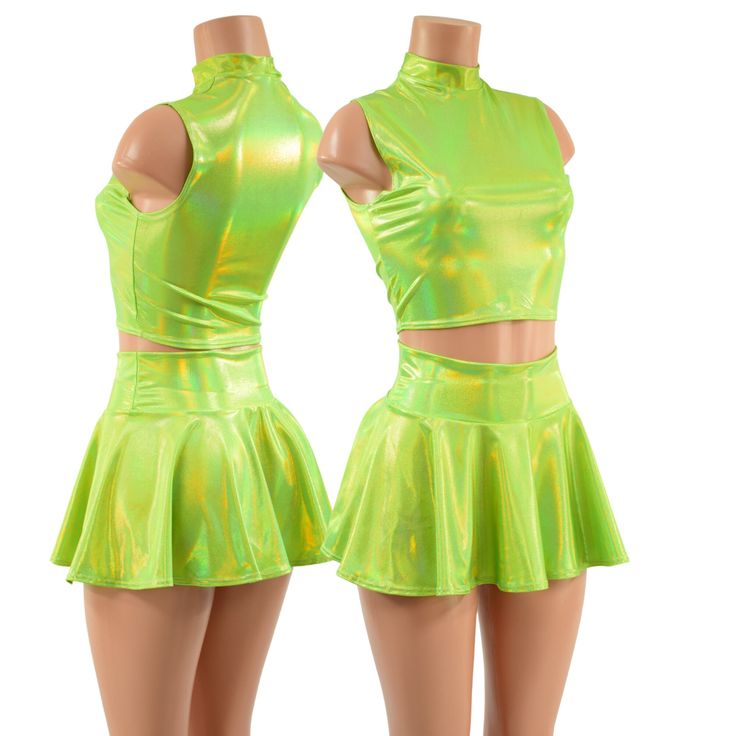 "2PC set includes crop top and bodycon skirt This holo is so shiny and adorable! The skirt is 12\" long, and the top measures 8\" from underarm to hemline. Wear them together as a set, or separately!  This 2PC set is perfect for a Winx-inspired cosplay/costume! This item is made to order. Ships out within 5 days of purchase. Womens Sizing (See below for instructions on where measurements should be taken) XXS: Bust 29\"-30\" / Waist 22\"-23\" / Hips 30\"-32\" Extra Small: Bust 31\"-32\" / Waist 2 Rave Neon Outfits, Fitted Mini Skirt For Costume Party In Spring, Fitted Mini Skirt For Spring Costume Party, Fitted Spring Club Sets, Fitted Rave Mini Skirt For Spring, Fitted Rave Skirt For Spring, Fitted Tops For Cheerleading In Spring, Spring Rave Fitted Skirt, Spring Fitted Rave Skirt