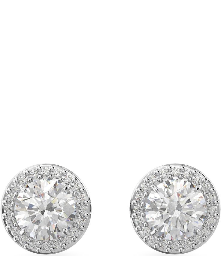 From Swarovski&#x2C; these earrings feature: Stud earringsPlated metalRound cut CZPost closureApprox. 0.375" x 0.375"Imported. Swarovski Stud Earrings, Silver Earrings Stud, Diamond Studded Earrings, Swarovski Earrings Studs, Silver Elegant Earrings, Round Diamond Earrings, Bracelet Stacks, White Diamond Earrings, Diamonds Earrings