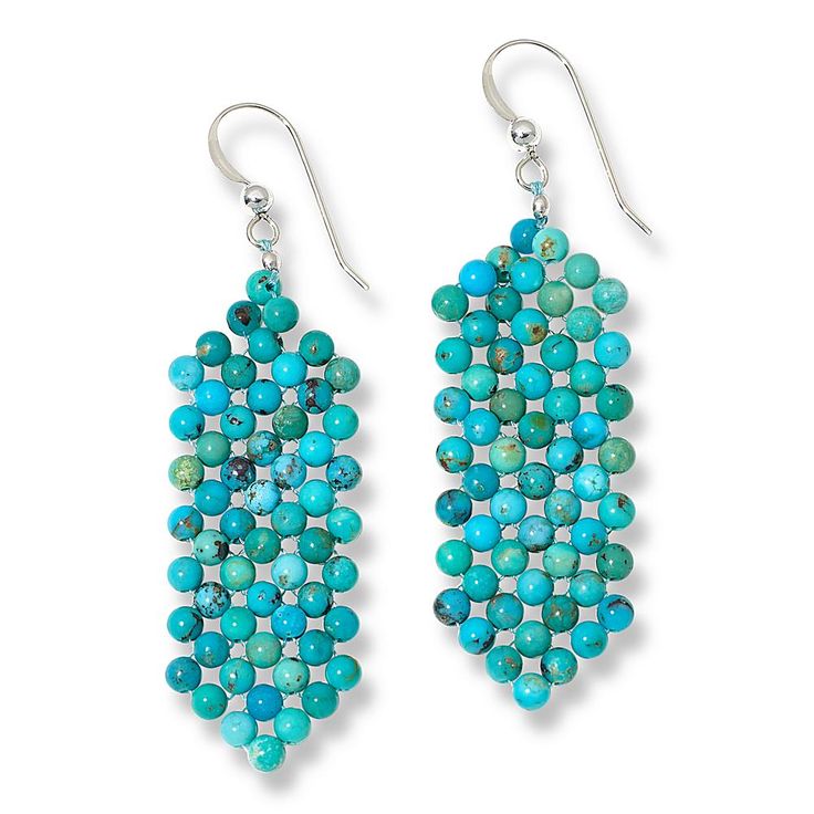 Jay King Heavenly Well Lake Turquoise Woven Bead Drop Earrings Tiny blue-green turquoise beads handcrafted into a woven design give these dangling earrings a fun, fashionable touch of dimension and color. From Jay King.       Approx. 2-3/8"L x 5/8"W     Stamped .925      Earrings have 3mm turquoise beads woven together in drop design   Stone Information       All sizes and weights approximate     Stabilized Heavenly Well Lake Turquoise - Round (3mm); mined in China Turquoise Beaded Round Earrings, Blue Bohemian Earrings With Polished Beads, Bohemian Blue Earrings With Polished Beads, Artisan Turquoise Beaded Earrings With Ear Wire, Artisan Turquoise Beaded Earrings, Turquoise Earrings With Colorful Round Beads, Gift Turquoise Earrings With Polished Beads, Bohemian Polished Beads Turquoise Earrings, Artisan Turquoise Beaded Dangling Earrings