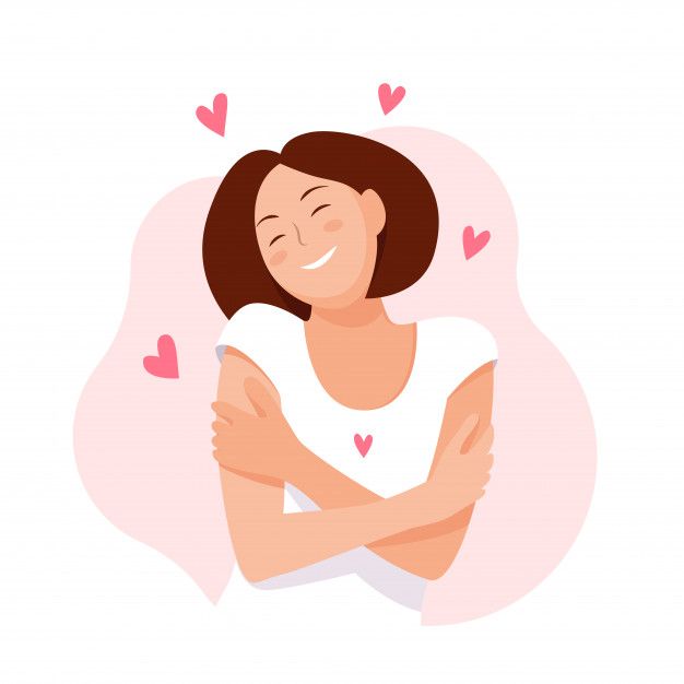 a woman hugging her chest with hearts around her